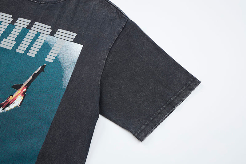 DONOTLOGO Deconstructed "SAINT GOING UP" Rocket Tee - Unisex Vintage Washed Graphic T-Shirt - Edgy Streetwear Aesthetic Oversized Top