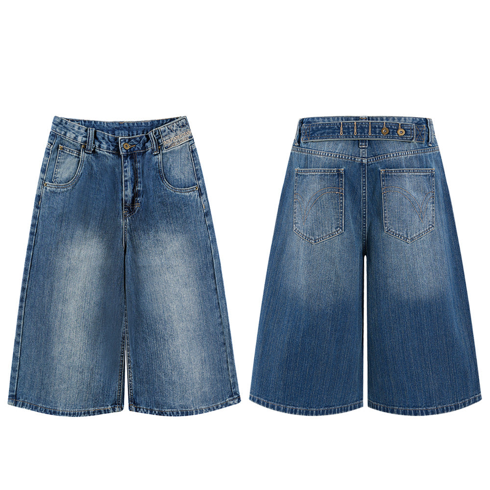 DONOTLOGO Heavy Slub Washed Paris Button Denim | Unisex Y2K Oversized 3/4 Trousers | Vintage High Street Baggy Shorts