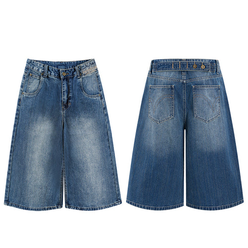 DONOTLOGO Heavy Slub Washed Paris Button Denim | Unisex Y2K Oversized 3/4 Trousers | Vintage High Street Baggy Shorts