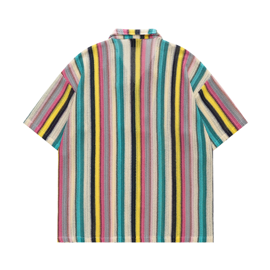 DONOTLOGO Rainbow Stripe Mesh Knit Shirt | Unisex Y2K Cuban Collar Top | High Street Relaxed Fit Summer Blouse