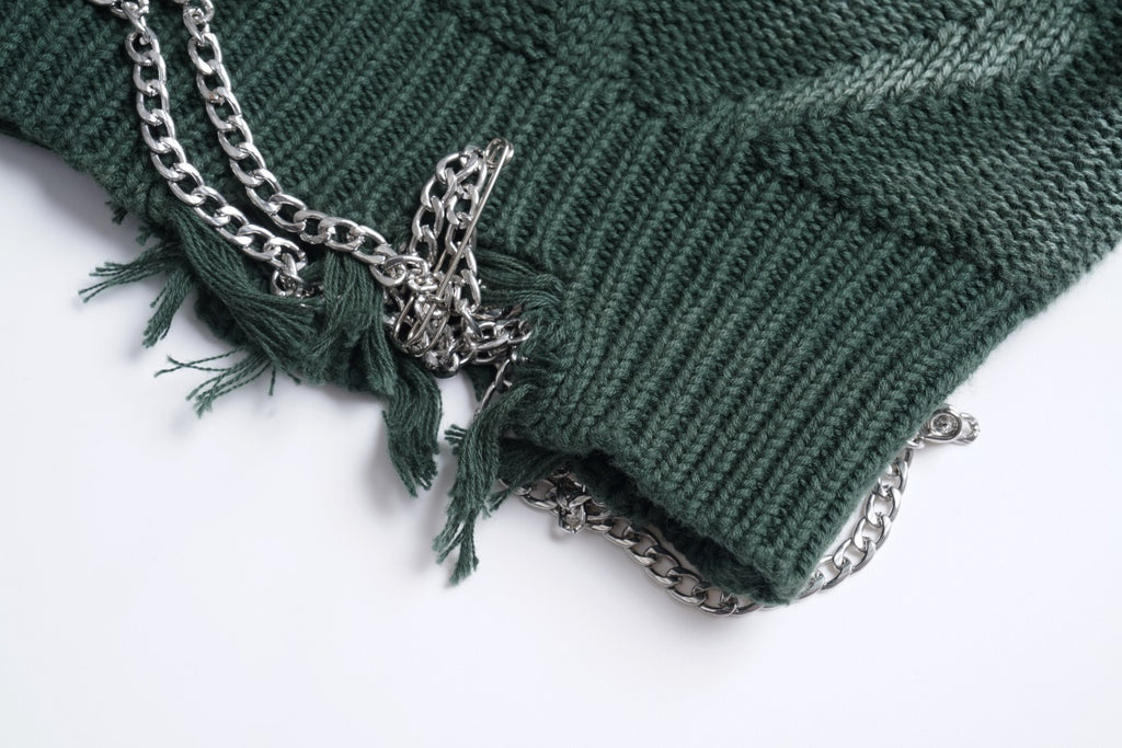 Unisex Crewneck Sweater with Irregular Paint and Chain Detail