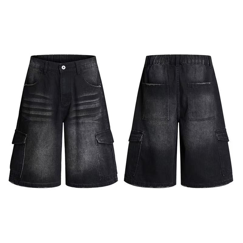DONOTLOGO Heavy Distressed Cargo Denim Pants | Unisex Y2K Oversized 5-Inch Trousers | Vintage Military High Street Baggy Shorts