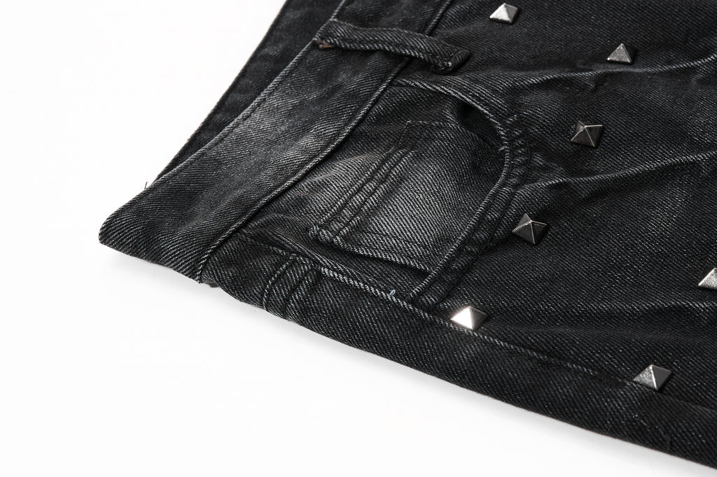 DONOTLOGO Heavy Studded Wide-Leg Denim | Unisex Y2K Punk Rock Rivet Jeans | Vintage Black High Street Oversized Trousers
