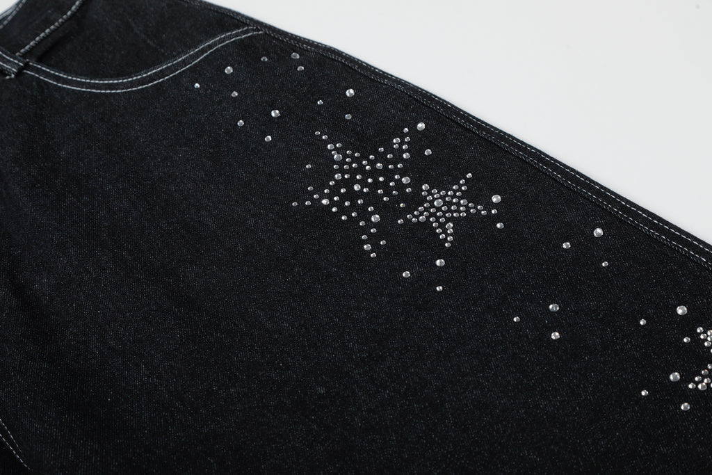 Unisex Street Style Rhinestone Distressed Washed Denim Jeans