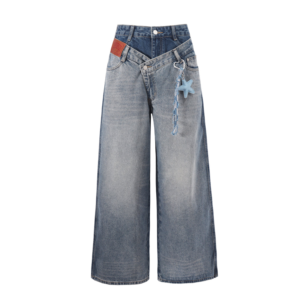 DONOTLOGO Deconstructed Streetwear Aesthetic | Unisex Oversized Baggy Jeans | Vintage Wash with Star Pendant & Frayed Pocket Details
