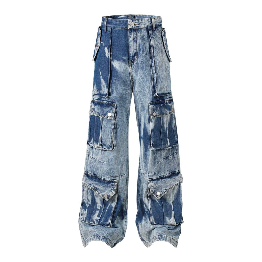DONOTLOGO "Acid Wash" Heavyweight Cargo Denim - Distressed Tie-Dye Wide Leg Jeans with Multi-Flap Pockets - American High Street Style