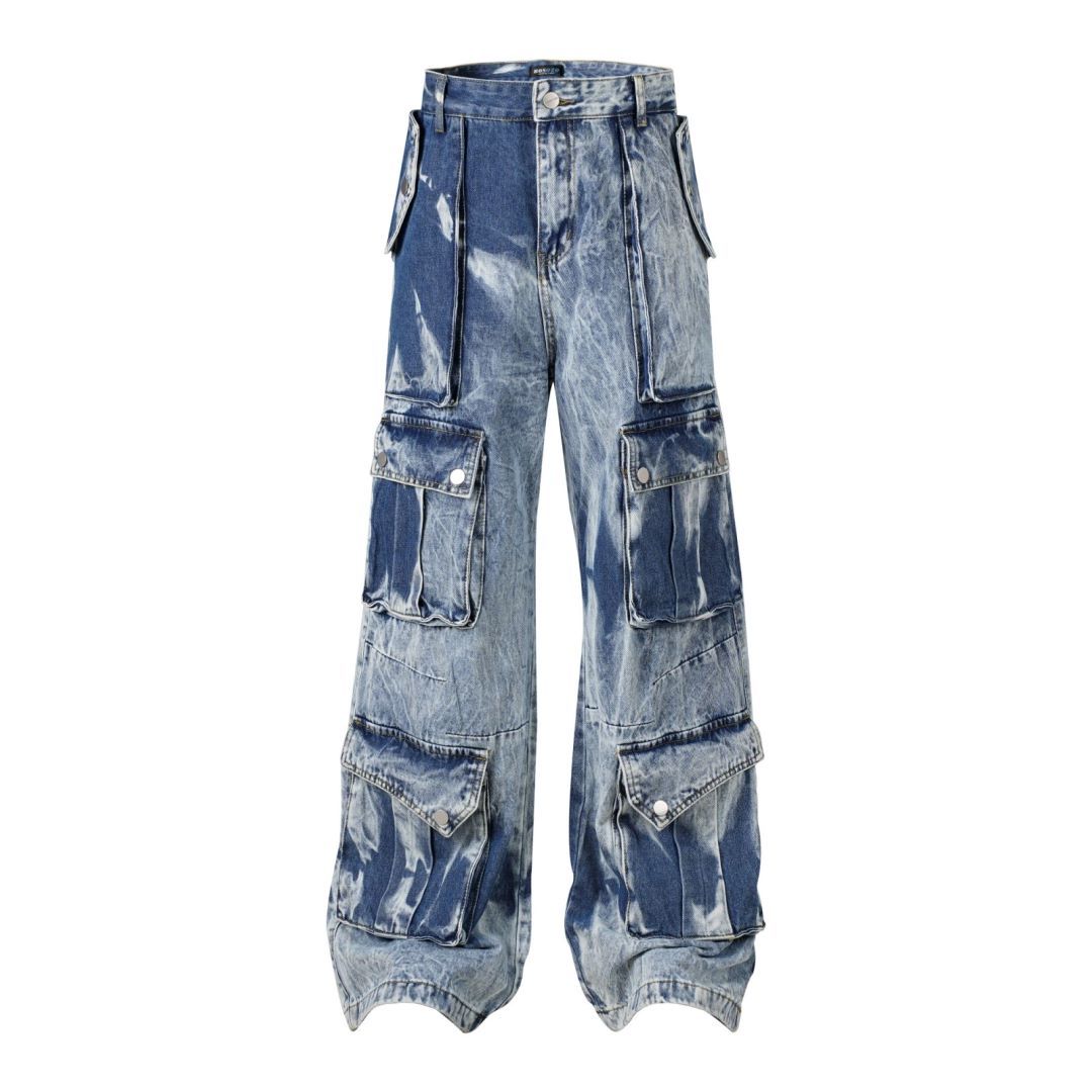 DONOTLOGO "Acid Wash" Heavyweight Cargo Denim - Distressed Tie-Dye Wide Leg Jeans with Multi-Flap Pockets - American High Street Style