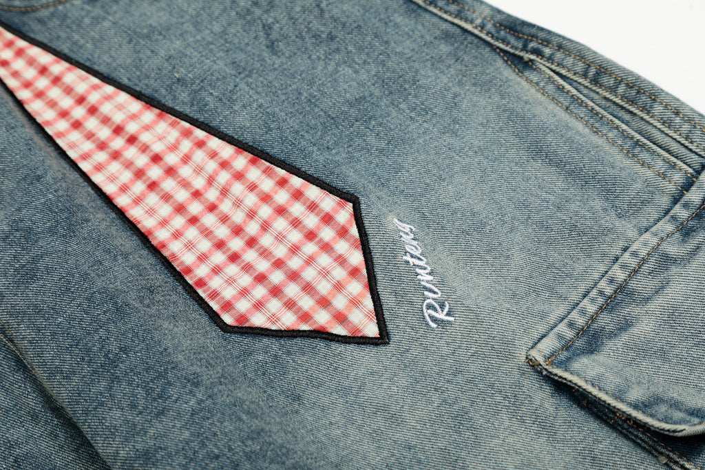 DONOTLOGO Urban Streetwear Collection | Unisex Relaxed Silhouette Cargo Jeans | Bold Plaid Tie & Fruit Motif & Soft Denim Fabric