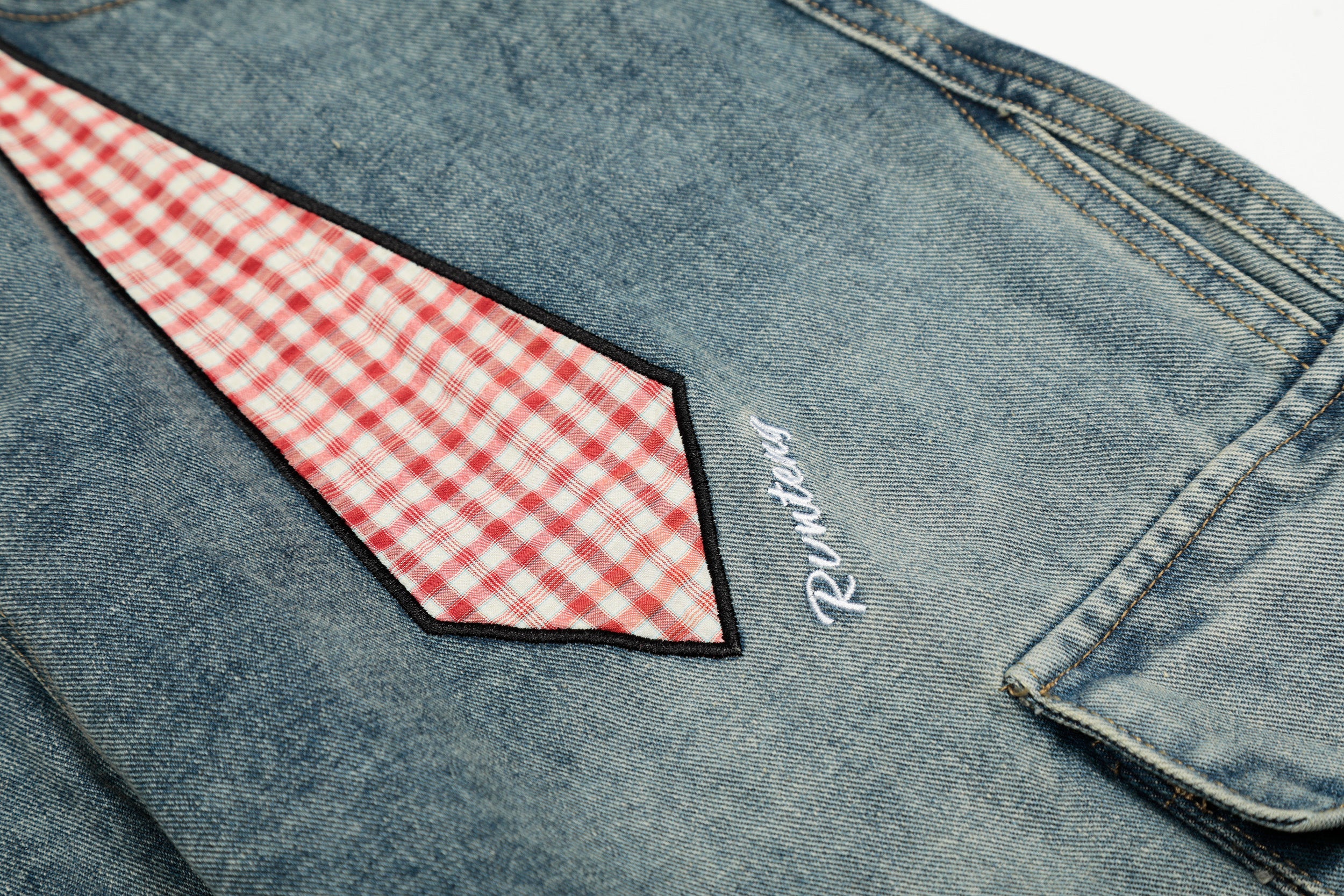 DONOTLOGO Urban Streetwear Collection | Unisex Relaxed Silhouette Cargo Jeans | Bold Plaid Tie & Fruit Motif & Soft Denim Fabric