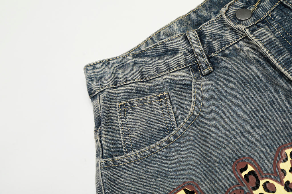 DONOTLOGO Urban Streetwear Collection | Unisex Relaxed Silhouette Jeans | Bold Leopard Star Motif & Soft Denim Fabric