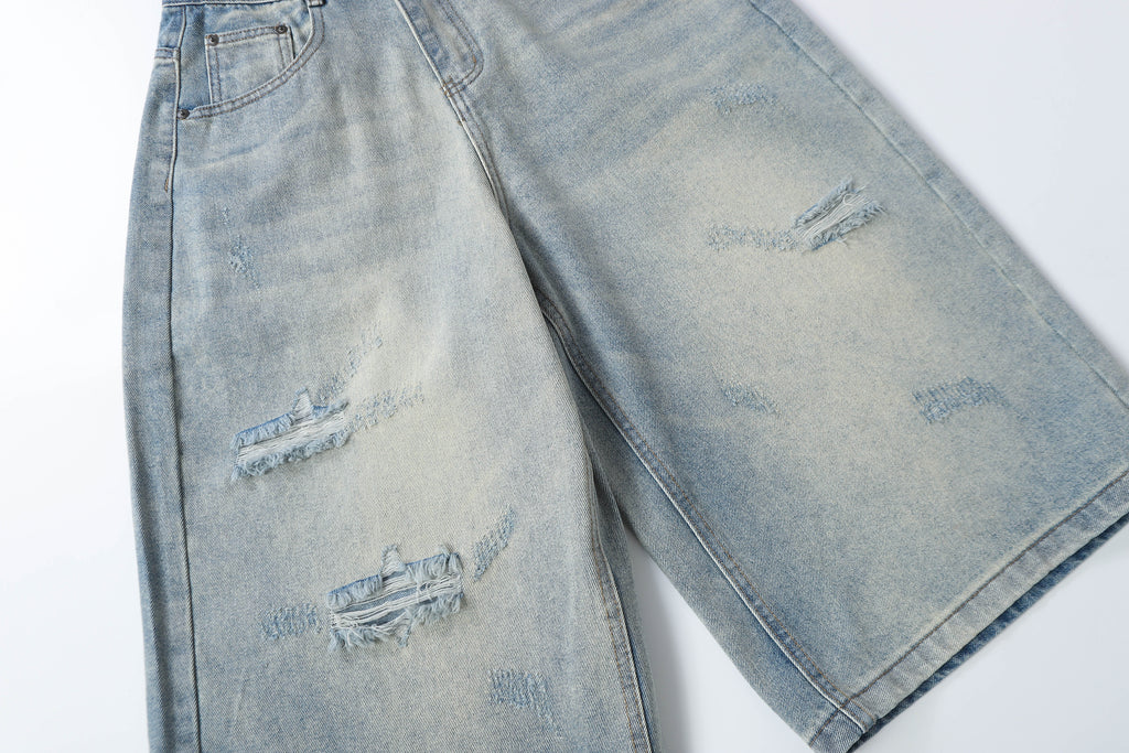 DONOTLOGO Retro Blue Baggy Denim Shorts | Unisex Y2K Wide Leg Trousers with Natural Whiskering & Fade | High Street Relaxed Fit Bottoms