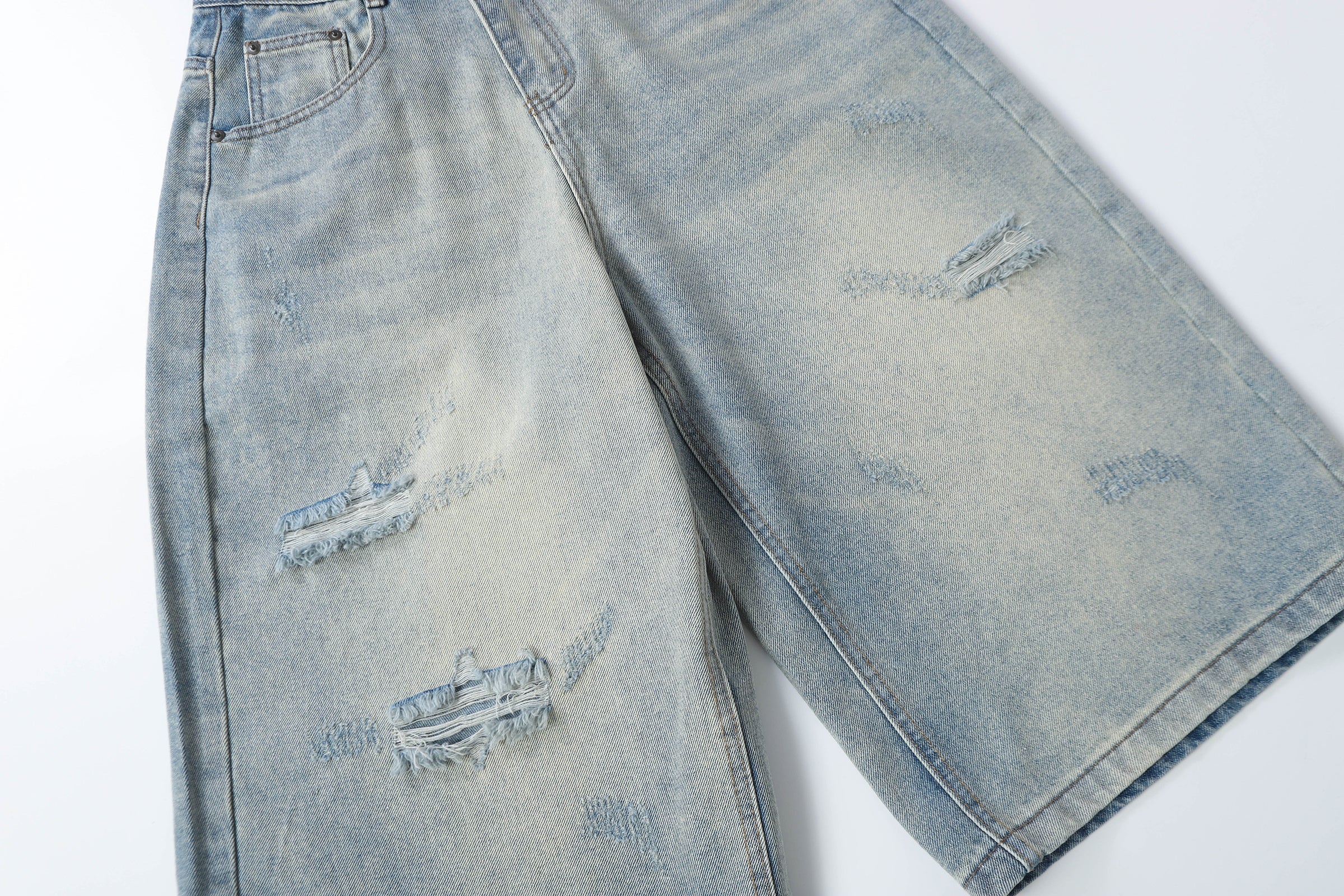 DONOTLOGO Retro Blue Baggy Denim Shorts | Unisex Y2K Wide Leg Trousers with Natural Whiskering & Fade | High Street Relaxed Fit Bottoms