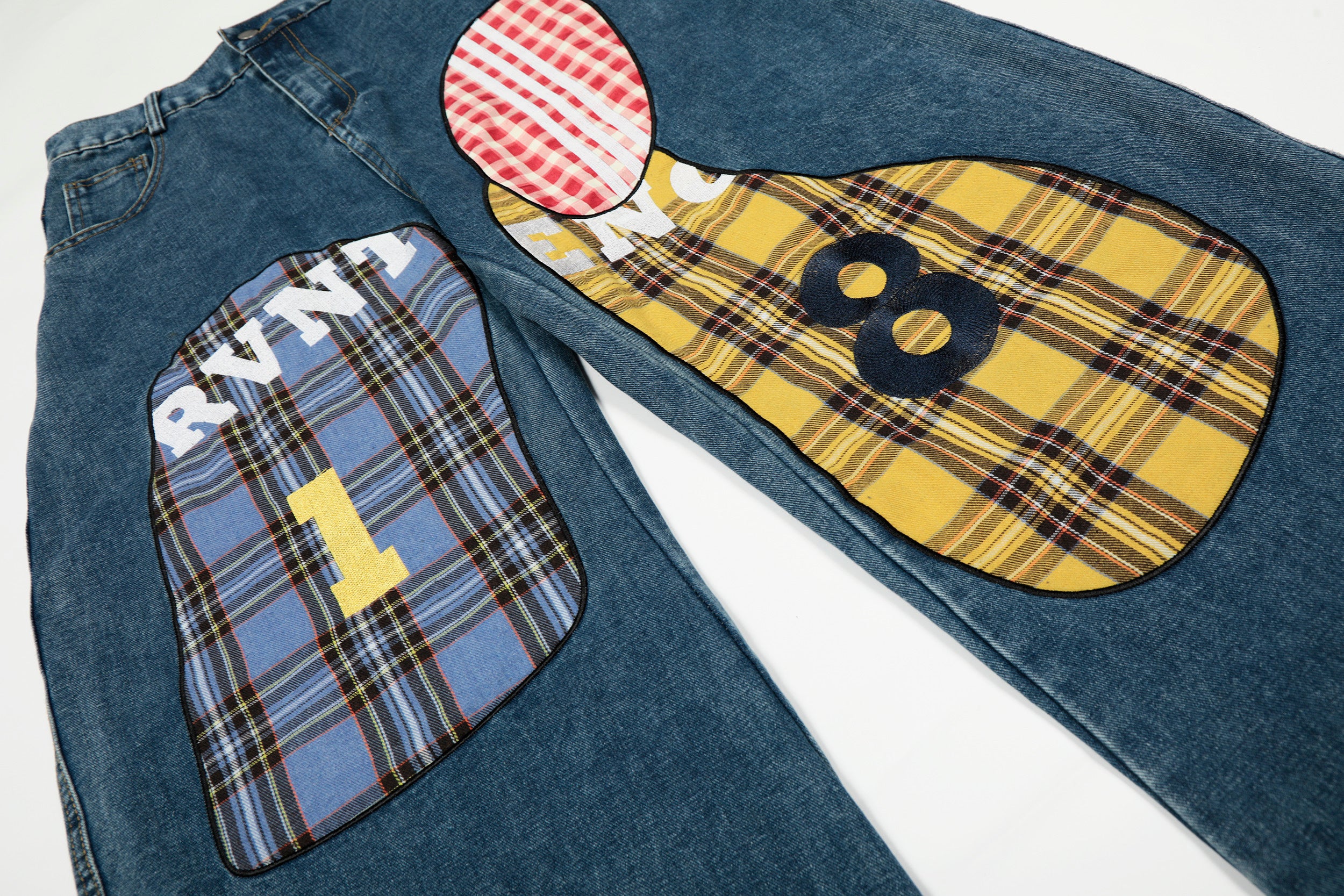 DONOTLOGO ：Urban Streetwear Collection | Unisex Relaxed Silhouette Jeans | Bold Plaid & Number Motif & Soft Denim Fabric