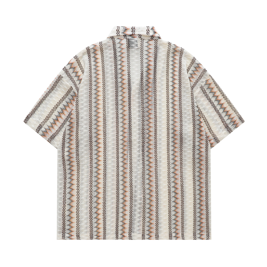 DONOTLOGO Retro Striped Mesh Shirt | Unisex Y2K Cuban Collar Top with Zigzag Print | High Street Relaxed Fit Summer Blouse