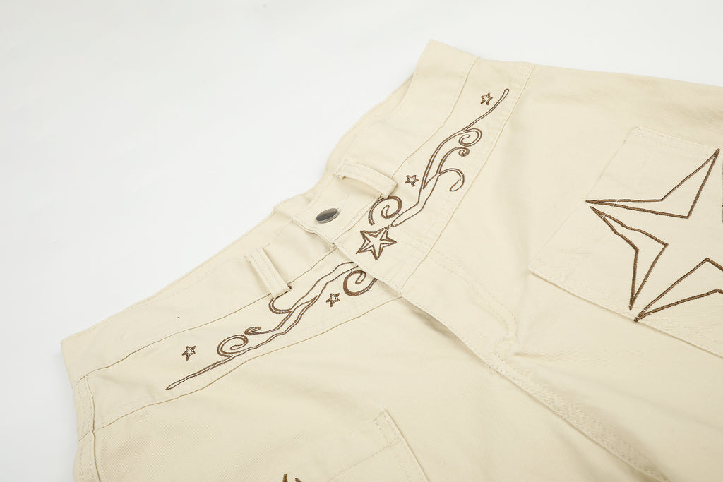 DONOTLOGO Rodeo Dream Collection | Unisex Relaxed Fit Denim-Style Cropped Pants | Bold Star & Scroll Embroidery Detail with High-Rise Waistband