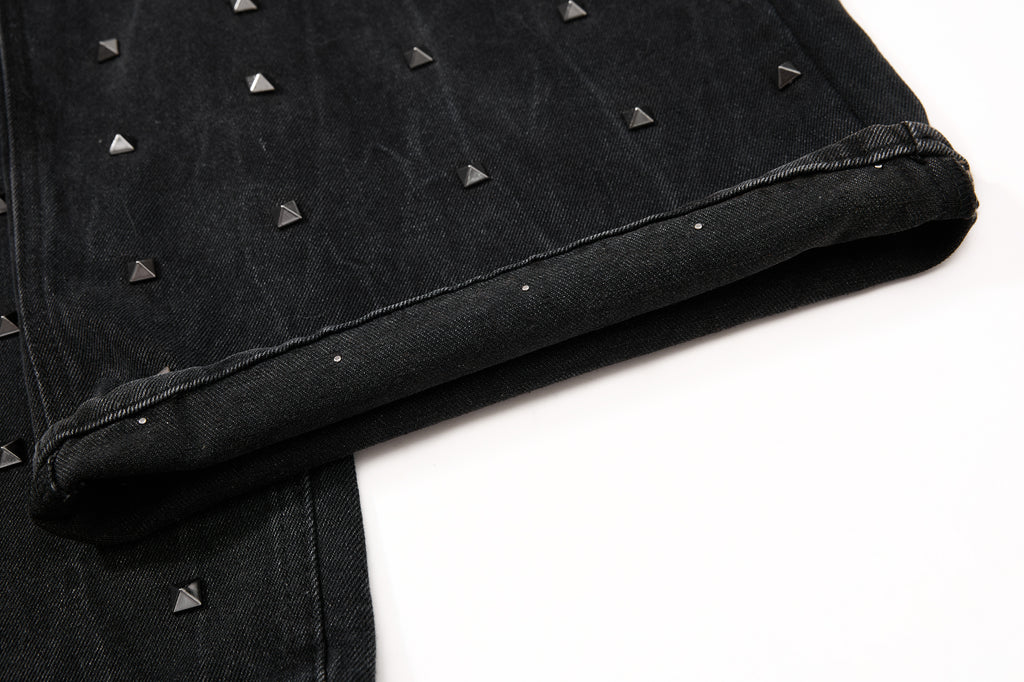 DONOTLOGO Heavy Studded Wide-Leg Denim | Unisex Y2K Punk Rock Rivet Jeans | Vintage Black High Street Oversized Trousers