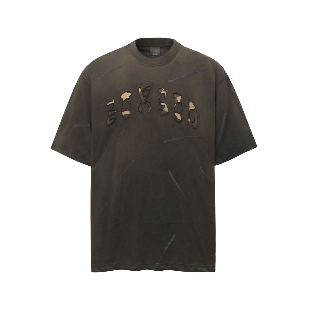 DONOTLOGO Urban Grunge Collection | Unisex Relaxed Fit Tee | Bold Camo Letter Appliqué & Scratch Motif with Soft Cotton Fabric