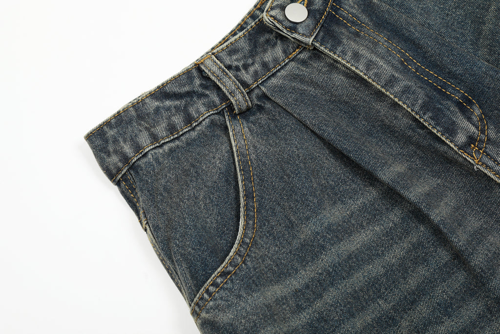 Unisex Vintage Washed Distressed Multi-Pocket Denim Jeans