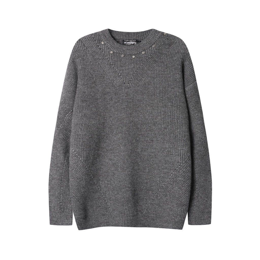 Unisex Loose-Fit Textured Knit Sweater with Studded Geometric Pattern