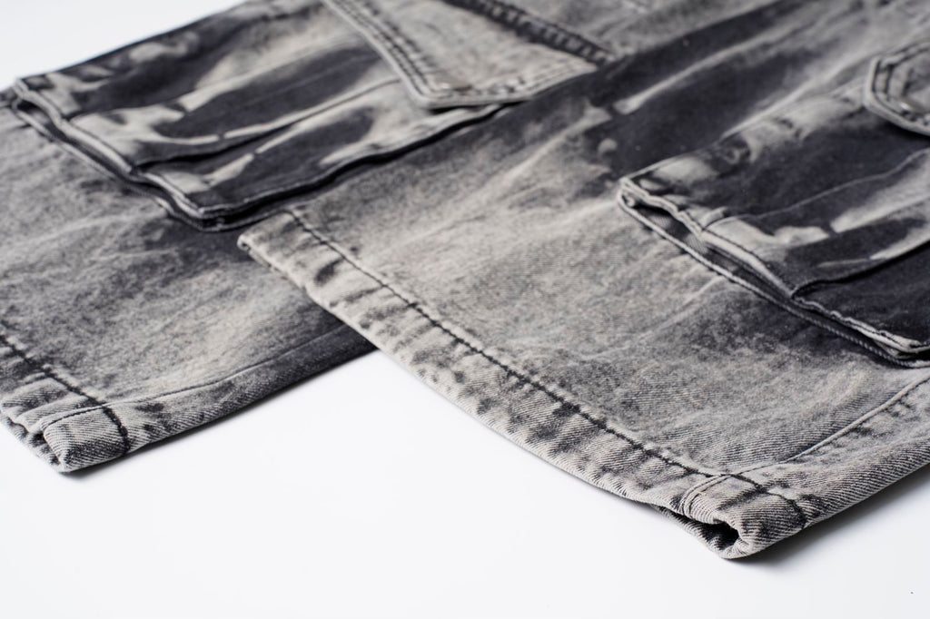 DONOTLOGO "Acid Wash" Heavyweight Cargo Denim - Distressed Tie-Dye Wide Leg Jeans with Multi-Flap Pockets - American High Street Style