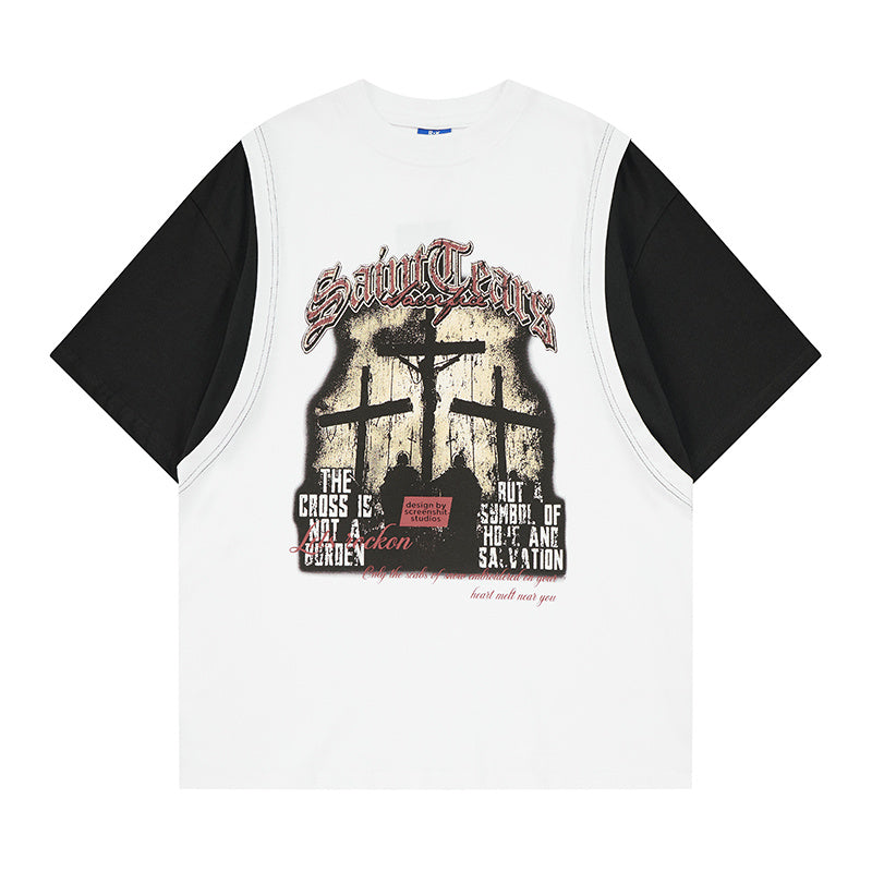 DONOTLOGO Unisex Graphic Layered T-Shirt - Saint Terror Cross Print, Vintage Wash Streetwear