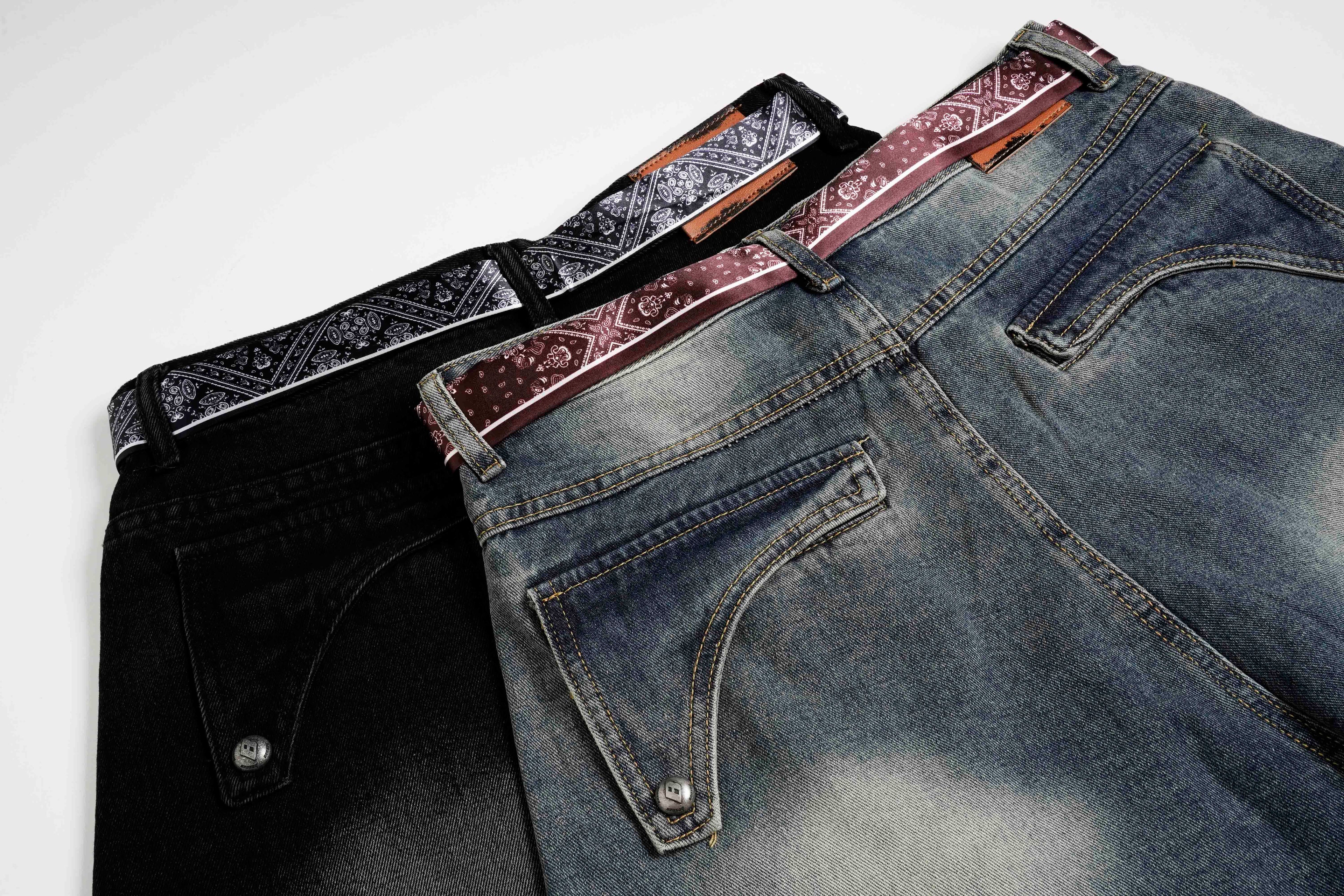 DONOTLOGO "Arc Seam" Distressed Denim - American High Street Baggy Jeans with Contrast Wash & Bandana Belt - Oversized Wide Leg Trousers