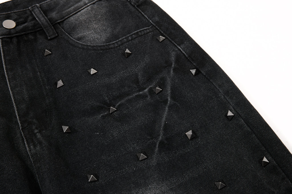 DONOTLOGO Heavy Studded Wide-Leg Denim | Unisex Y2K Punk Rock Rivet Jeans | Vintage Black High Street Oversized Trousers