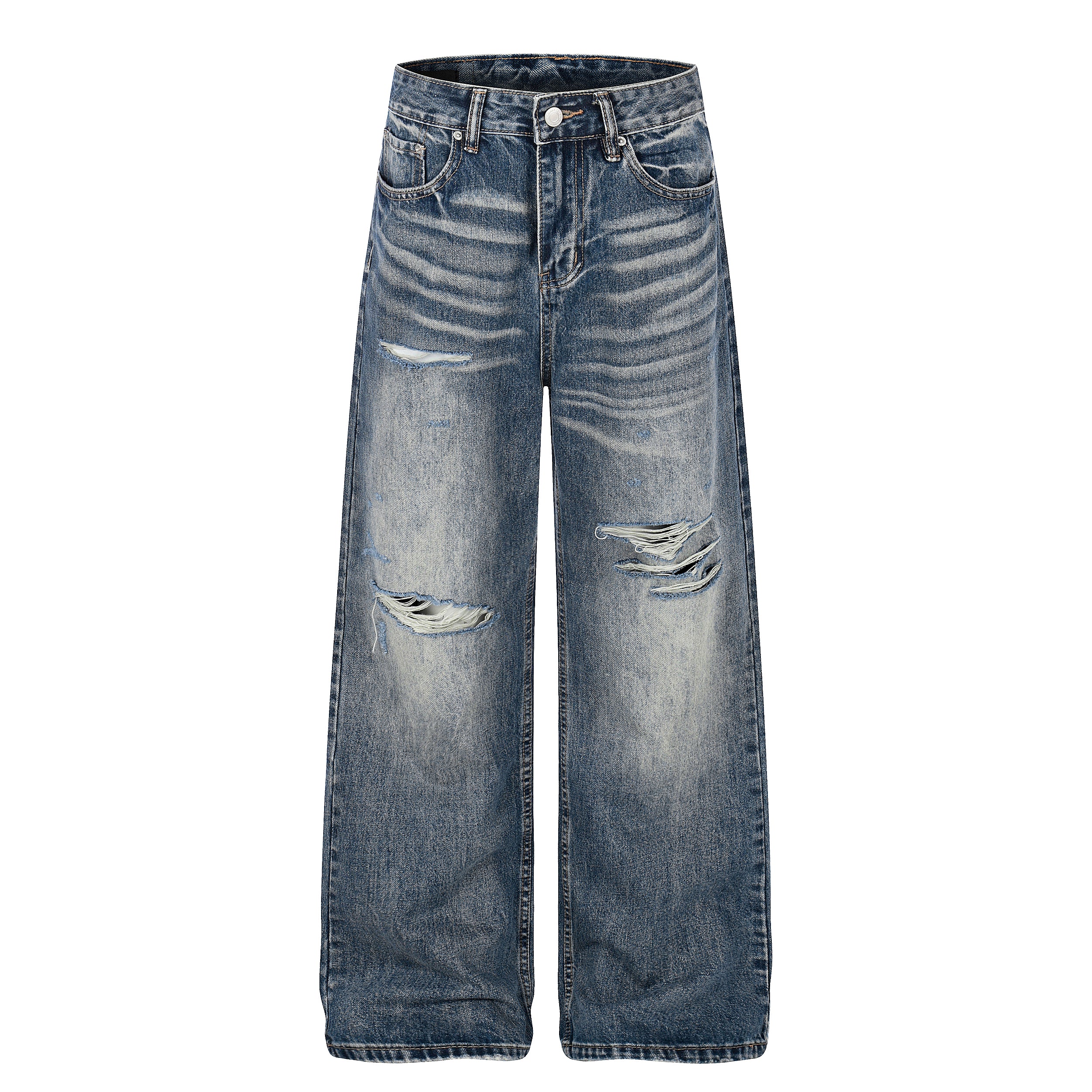 DONOTLOGO Urban Heritage Collection | Unisex Oversized Cat Whisker Ripped Denim | Retro Aesthetic High-Rise Wide-Leg Bottoms with Authentic Fade Detail