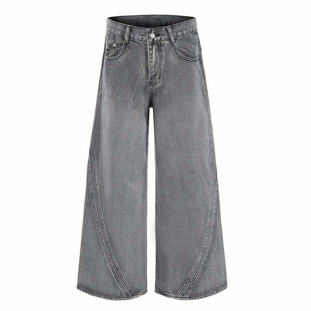 DONOTLOGO Oversized Grey Wash Denim Jeans - Unisex Baggy Trousers with Asymmetrical Seam Design - Edgy Streetwear Bottom with Wide Leg Silhouette & Raw Hem