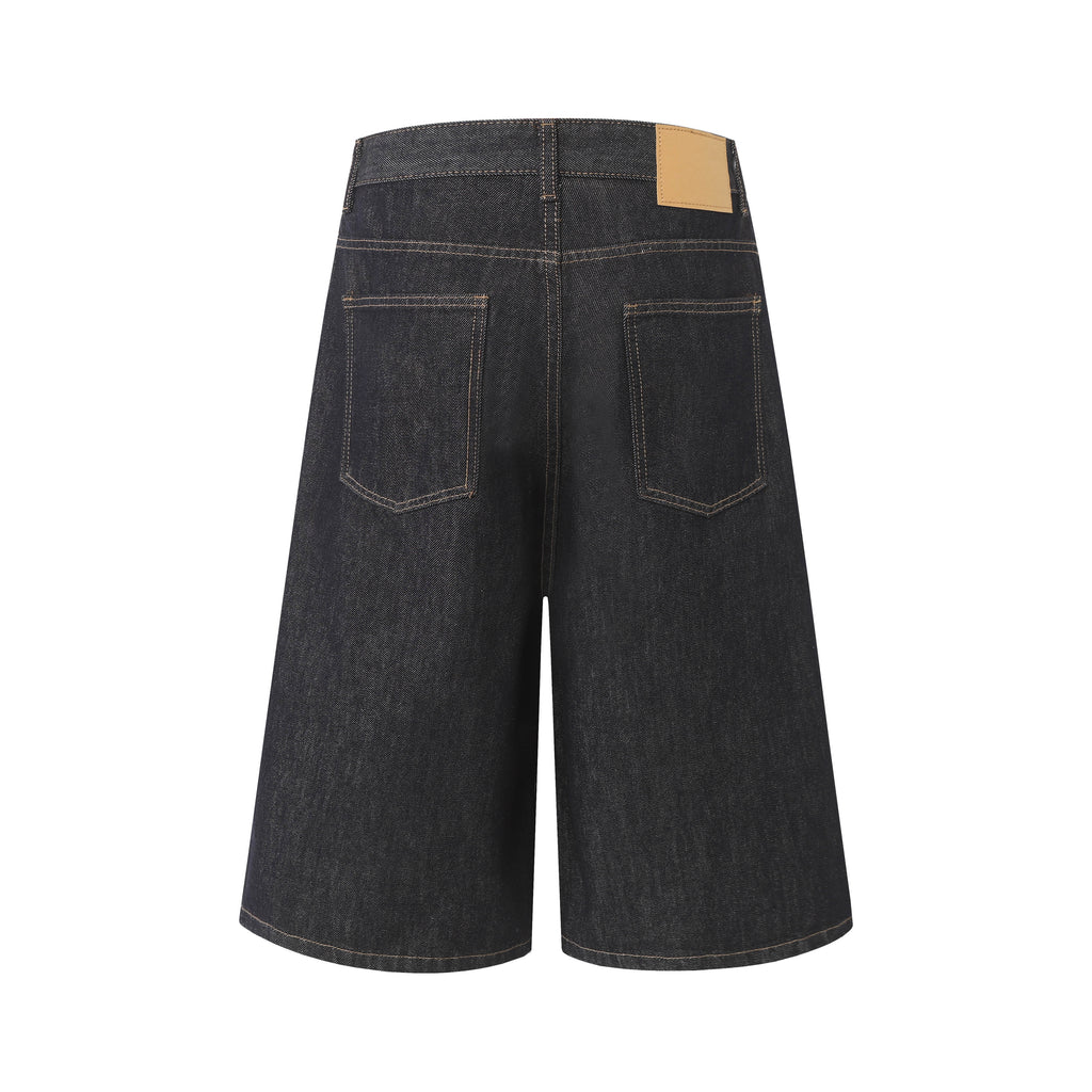 DONOTLOGO Retro Black Raw Denim Shorts | Unisex Y2K Wide Leg Trousers with Minimalist Design | High Street Relaxed Fit Bottoms