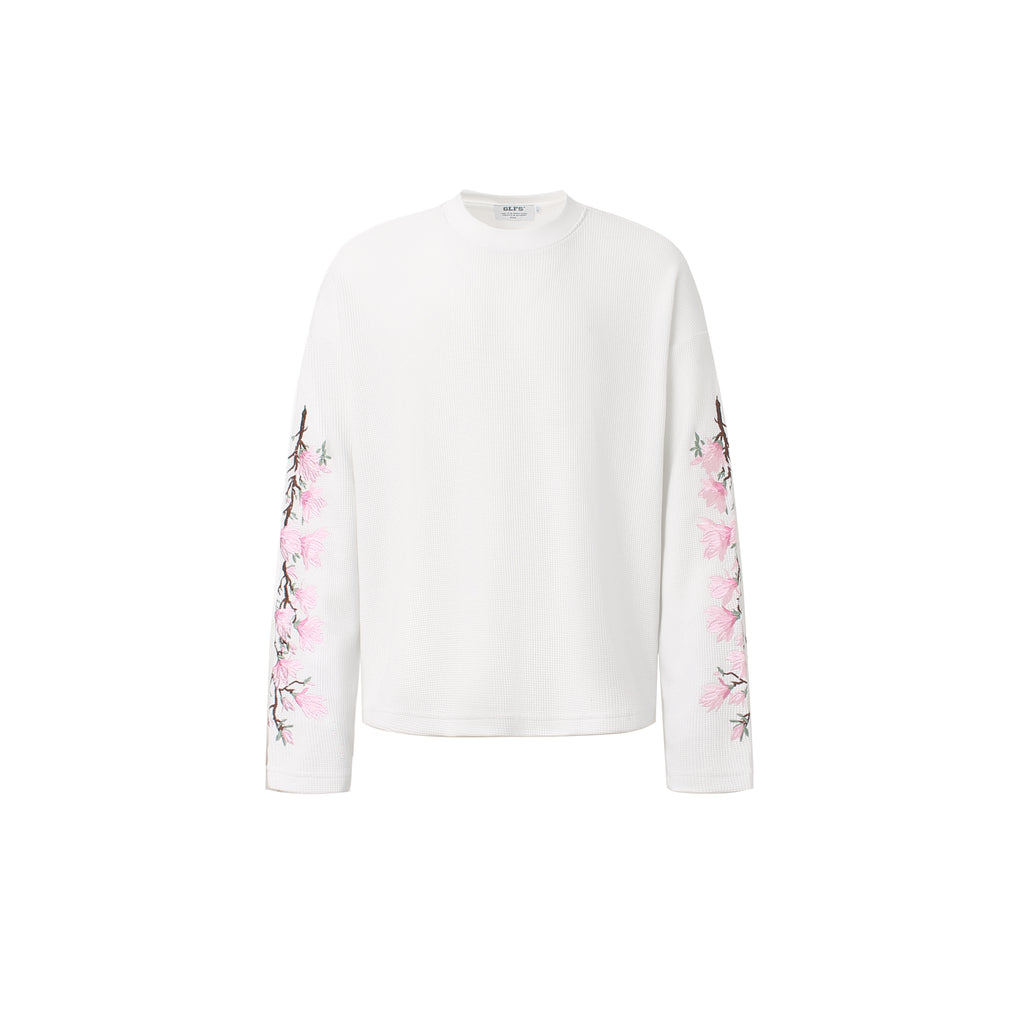 DONOTLOGO Urban Streetwear Collection | Unisex Relaxed Silhouette Tee | Elegant Peach Blossom Embroidery & Soft Waffle Knit Fabric