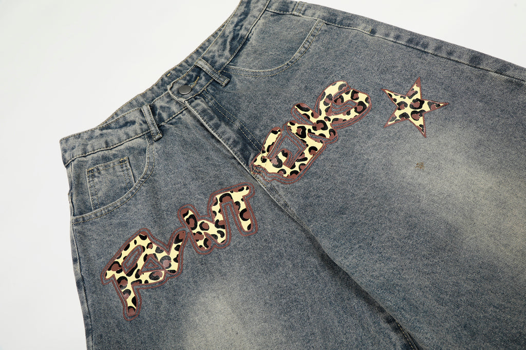 DONOTLOGO Urban Streetwear Collection | Unisex Relaxed Silhouette Jeans | Bold Leopard Star Motif & Soft Denim Fabric