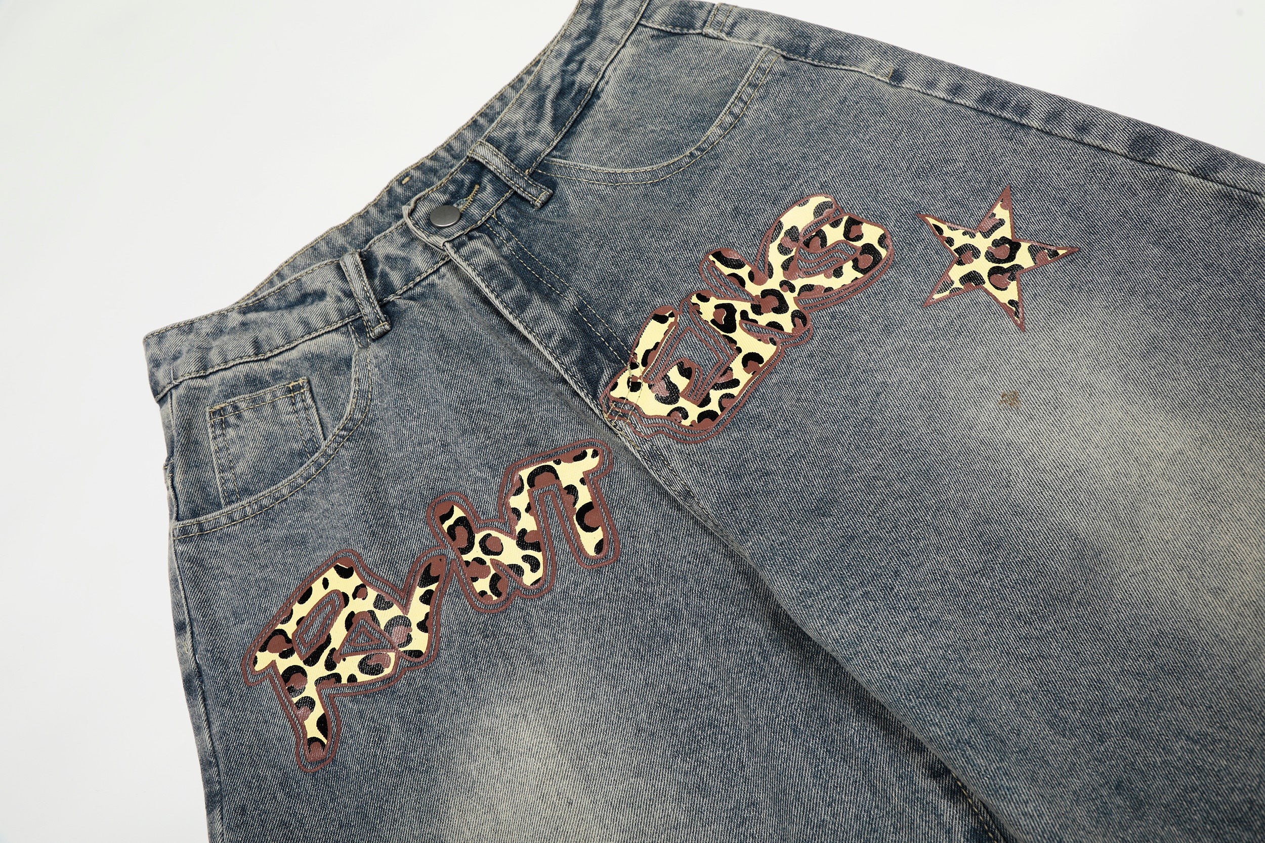 DONOTLOGO Urban Streetwear Collection | Unisex Relaxed Silhouette Jeans | Bold Leopard Star Motif & Soft Denim Fabric