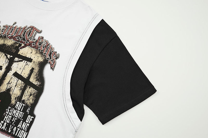 DONOTLOGO Unisex Graphic Layered T-Shirt - Saint Terror Cross Print, Vintage Wash Streetwear