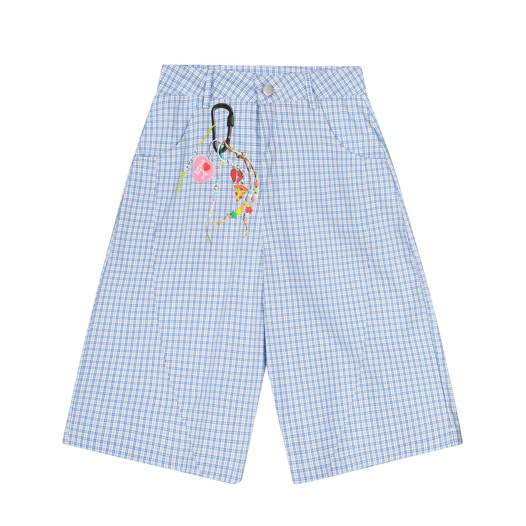 Unisex Vintage Blue Plaid Print Cropped Pants