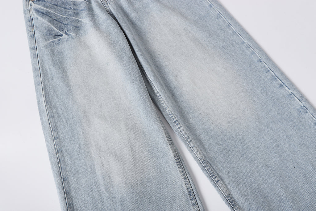 DONOTLOGO Retro Blue Baggy Denim Pants | Unisex Y2K Wide Leg Trousers with Natural Whiskering & Fade | High Street Relaxed Fit Bottoms