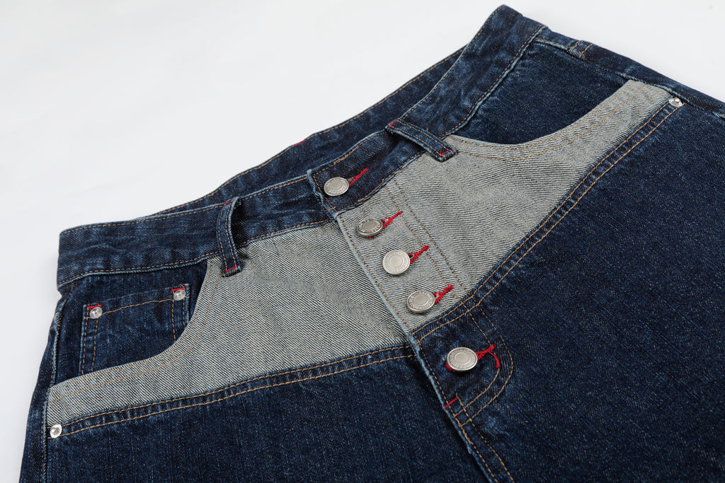 DONOTLOGO Vintage Denim Revival Collection | Unisex Relaxed Fit Patchwork Cropped Pants | Bold Contrast Stitching & Button-Fly Detail with Vintage Wash Finish