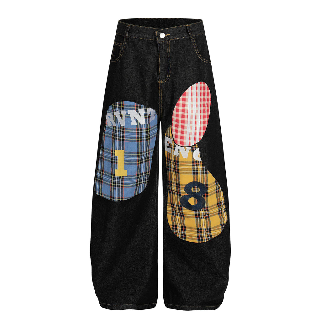 DONOTLOGO ：Urban Streetwear Collection | Unisex Relaxed Silhouette Jeans | Bold Plaid & Number Motif & Soft Denim Fabric