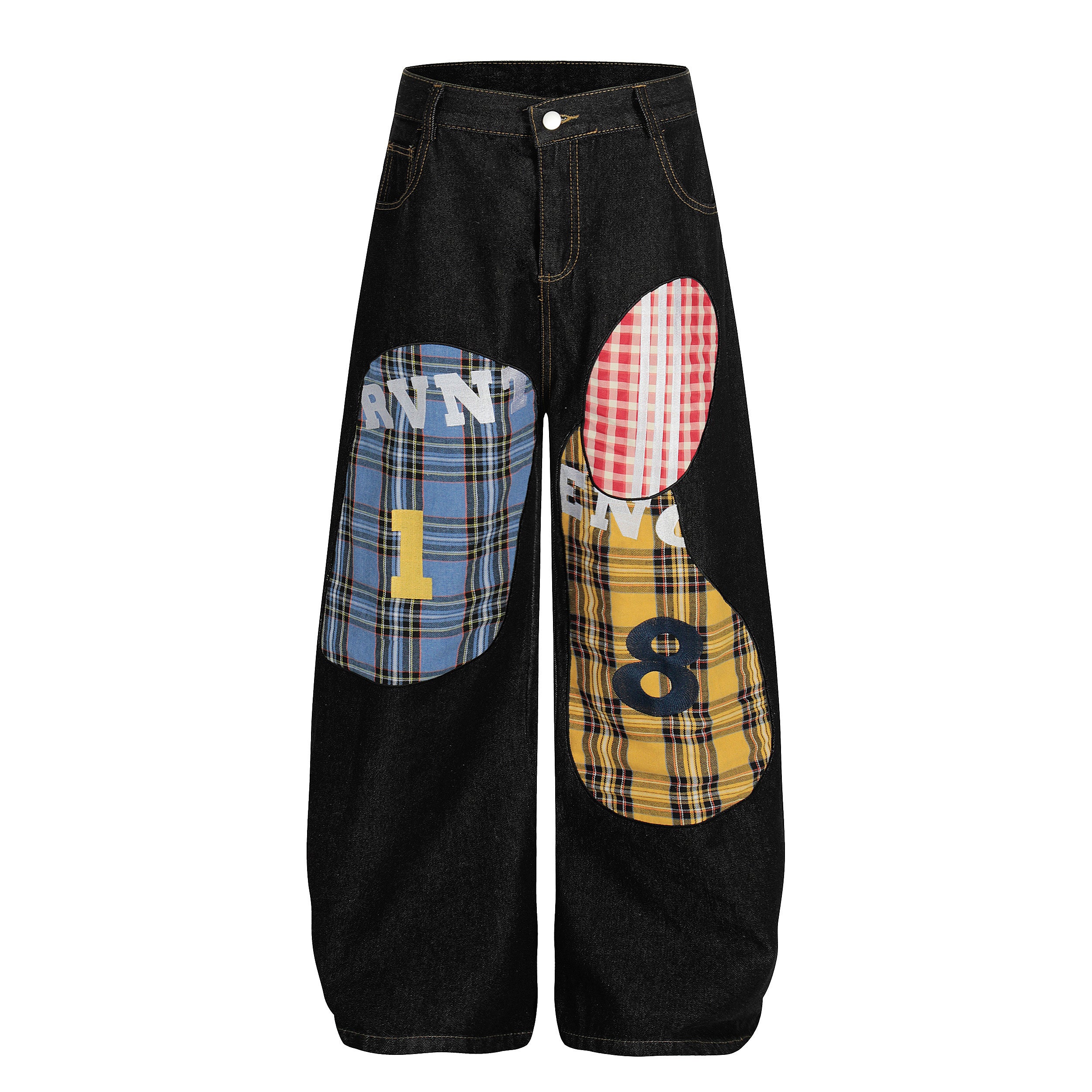 DONOTLOGO ：Urban Streetwear Collection | Unisex Relaxed Silhouette Jeans | Bold Plaid & Number Motif & Soft Denim Fabric