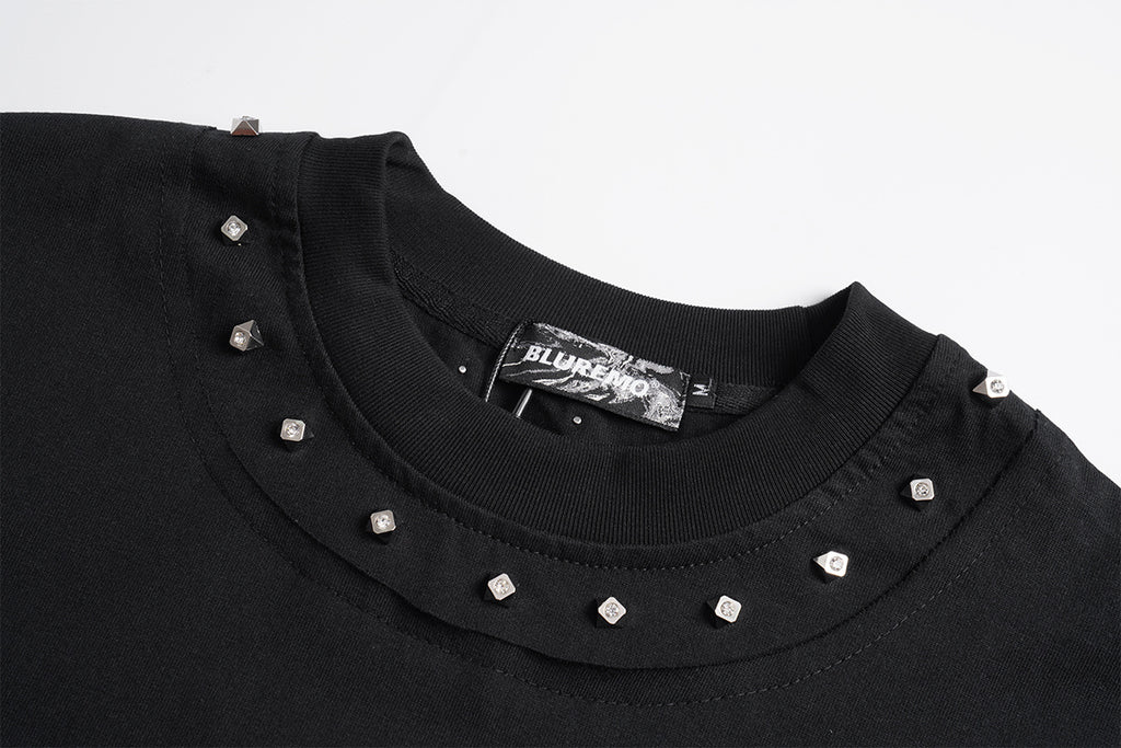 Unisex Streetwear Color-Block Raw-Edge Beaded Versatile Short-Sleeve T-Shirt