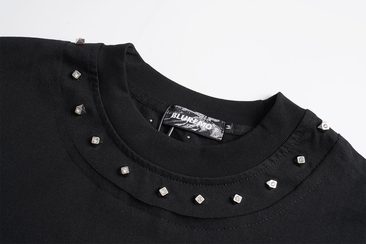 Unisex Streetwear Color-Block Raw-Edge Beaded Versatile Short-Sleeve T-Shirt