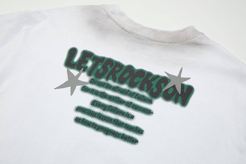 DONOTLOGO Oversized Distressed Graphic Tee - Unisex Short Sleeve T-Shirt with "LET'S ROCK SON" Print & Raw Hem - Edgy Streetwear Top with Loose Fit Silhouette