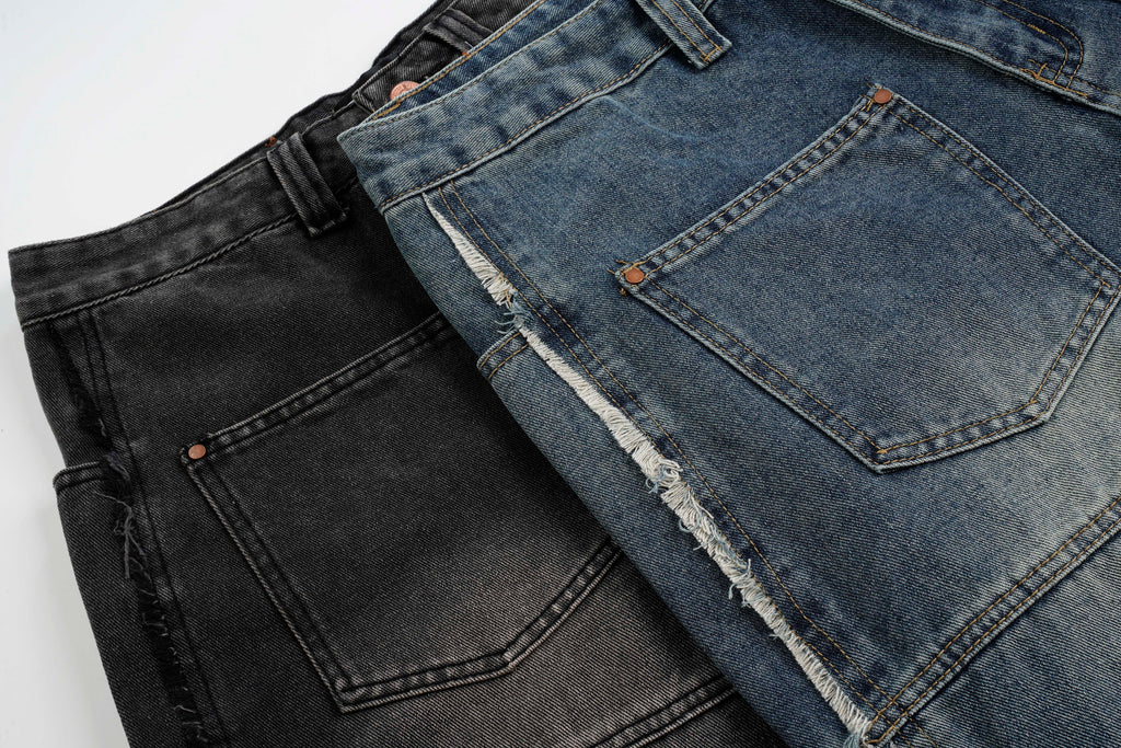 DONOTLOGO Deconstructed Wide Leg Denim Jorts - Raw Edge Patchwork Jean Shorts - Unisex Y2K Grunge Aesthetic Baggy Shorts