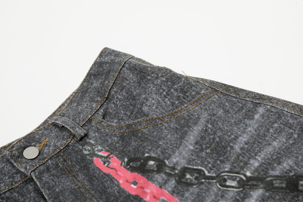 Unisex Vintage Chain Print Denim Jeans