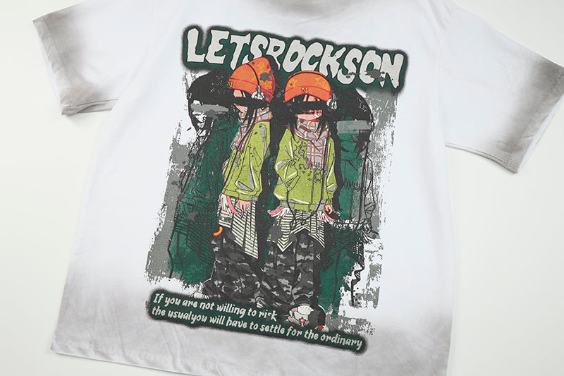 DONOTLOGO Oversized Distressed Graphic Tee - Unisex Short Sleeve T-Shirt with "LET'S ROCK SON" Print & Raw Hem - Edgy Streetwear Top with Loose Fit Silhouette