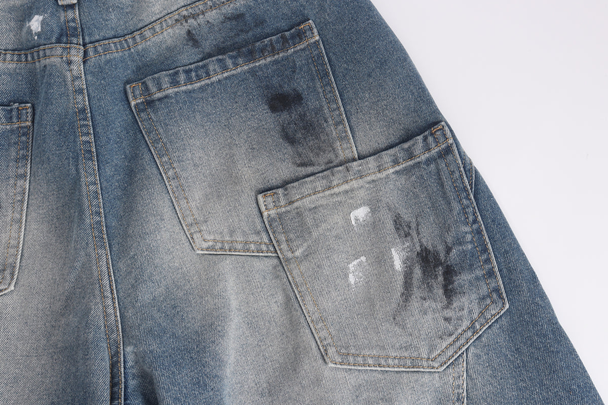 DONOTLOGO Grunge Streetwear Aesthetic | Unisex Oversized Baggy Jeans | Acid Wash with Paint Splatter, Ripped Detail & Rope Belt