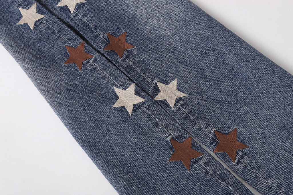 DONOTLOGO Urban Streetwear Collection | Unisex Curved Silhouette Denim Trousers | Bold Star Motif & Vintage Fade Detail with Premium Cotton Blend