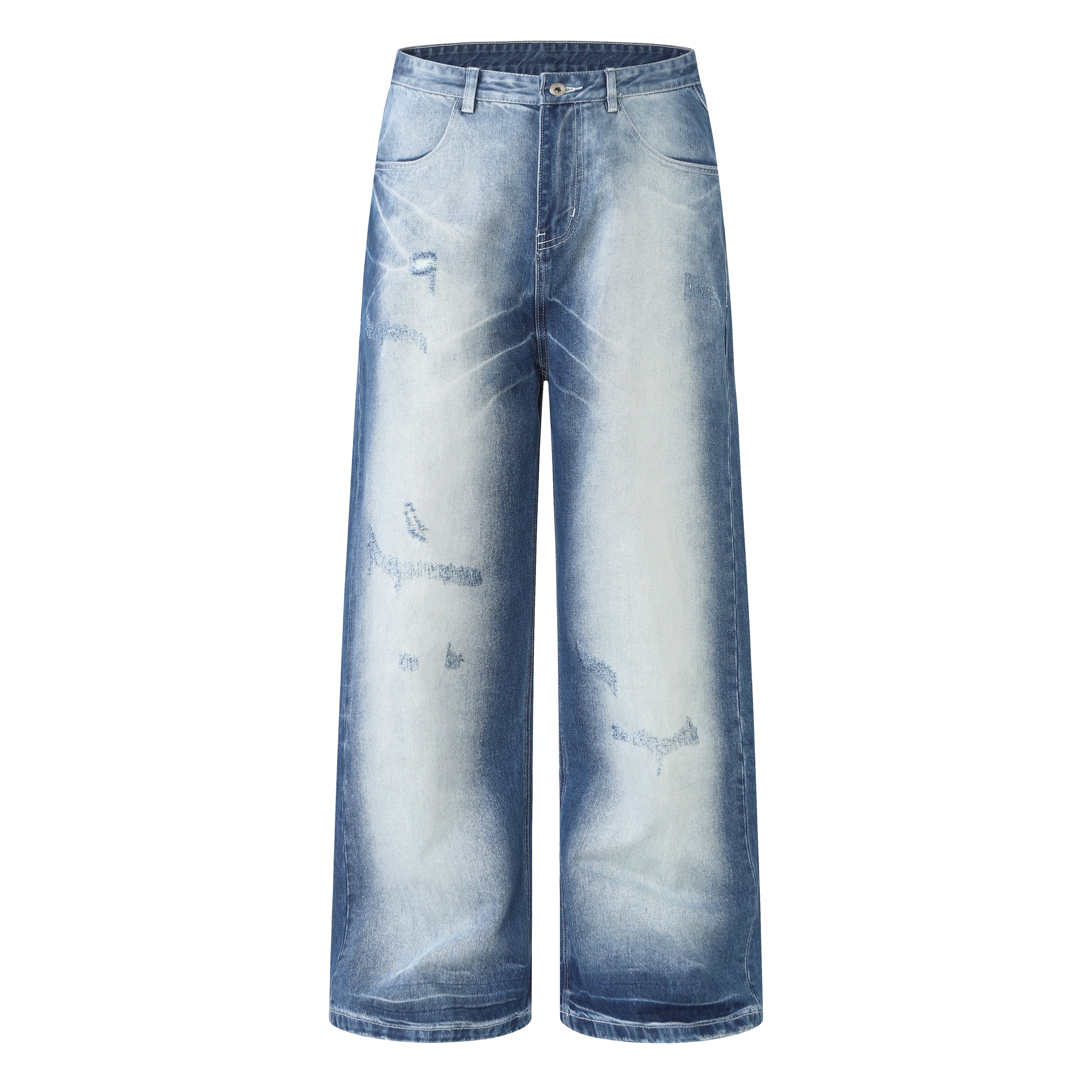 DONOTLOGO Retro Blue Baggy Denim Pants | Unisex Y2K Wide Leg Trousers with Natural Whiskering & Fade | High Street Relaxed Fit Bottoms