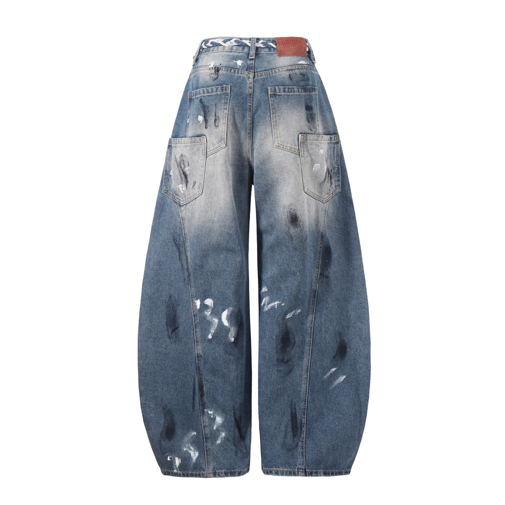 DONOTLOGO Grunge Streetwear Aesthetic | Unisex Oversized Baggy Jeans | Acid Wash with Paint Splatter, Ripped Detail & Rope Belt