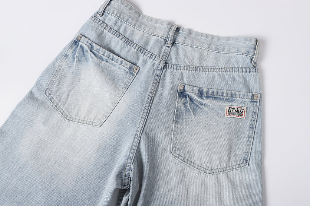DONOTLOGO Retro Blue Baggy Denim Pants | Unisex Y2K Wide Leg Trousers with Natural Whiskering & Fade | High Street Relaxed Fit Bottoms